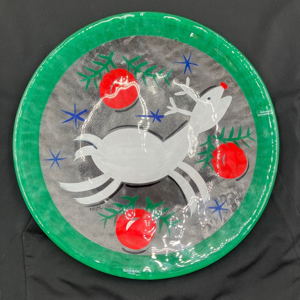 Kosta Boda Martti Rytkonen Hand Painted Glass Xmas Reindeer Charger Plate 12.5in